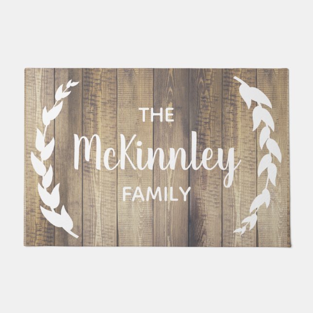 Rustic Farmhouse Barn Wood Laurels & Family Name Doormat (Front)