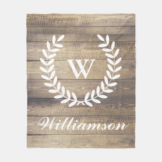 Rustic Farmhouse Barn Wood Laurels Family Name Fleece Blanket (Front)