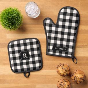 Rustic Farmhouse Black and White Gingham Oven Mitt & Pot Holder Set