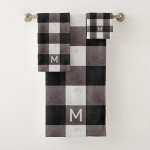 Rustic Farmhouse Black Buffalo Check with monogram Bath Towel Set