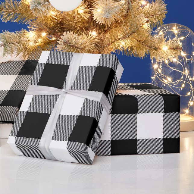 Rustic Farmhouse Black & White Buffalo Check Plaid Wrapping Paper (Holidays)
