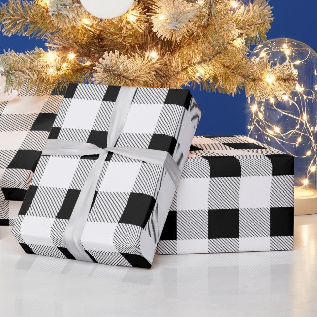 rustic farmhouse black white buffalo plaid party wrapping paper (Holidays)