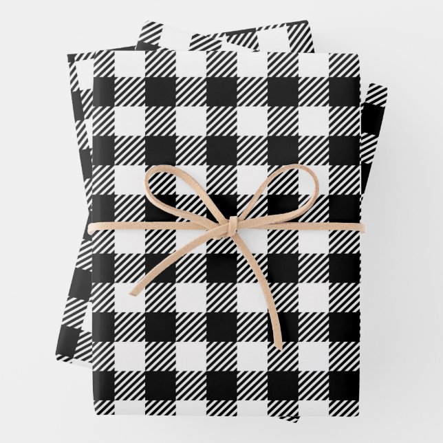 Rustic Farmhouse Black & White Checkered Wrapping Paper Sheet (In situ)