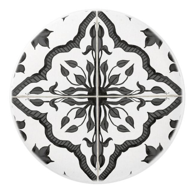 Rustic Farmhouse Black White Foliage Tile Pattern Ceramic Knob (Front)