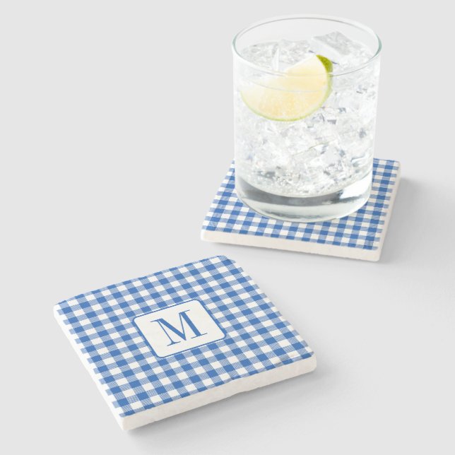 Rustic Farmhouse Blue and White Gingham Monogram Stone Coaster (Side)