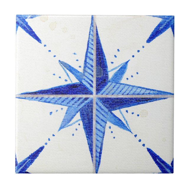 Rustic Farmhouse Blue White Star Pattern Chic Tile (Front)