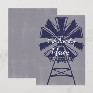 Rustic Farmhouse Blue Windmill 50th Birthday Invitation