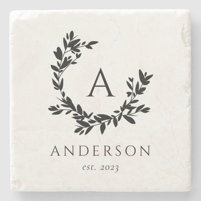 Rustic Farmhouse Botanical Leaves Family Monogram Stone Coaster (Front)