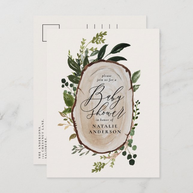 Rustic farmhouse botanical script baby shower announcement postcard (Front/Back)