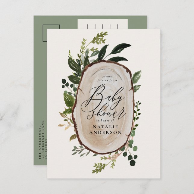 Rustic farmhouse botanical script baby shower announcement postcard (Front/Back)