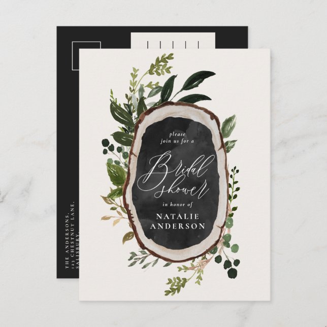 Rustic farmhouse botanical script bridal shower announcement postcard (Front/Back)