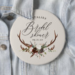 Rustic farmhouse botanical script bridal shower bu 6 cm round badge<br><div class="desc">Rustic bridal shower antler floral bridal shower decor. With beautiful watercolor foliage,  white florals,  wood slice and script hand writing. This modern party invite is sure to set the style for your upcoming marriage.</div>
