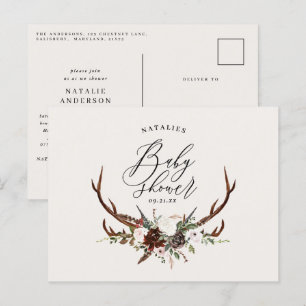 Rustic farmhouse botanical script stag baby shower announcement postcard