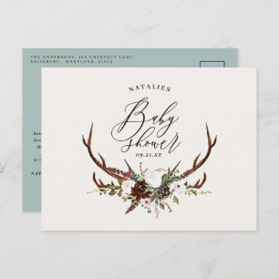 Rustic farmhouse botanical script stag baby shower announcement postcard