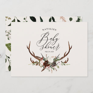 Rustic farmhouse botanical script stag baby shower invitation