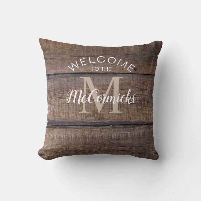 Rustic Farmhouse Brown Family Name Monogram Cushion (Front)
