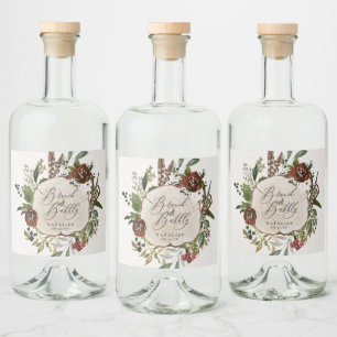 Rustic farmhouse burgundy botanical bridal shower liquor bottle label