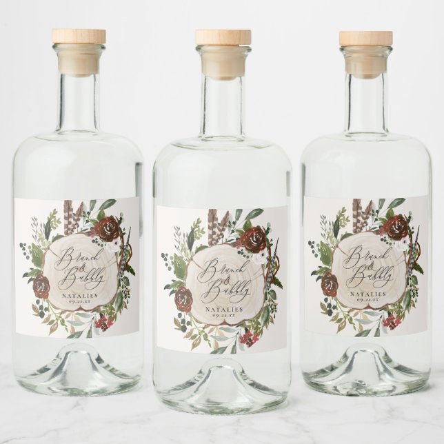 Rustic farmhouse burgundy botanical bridal shower liquor bottle label (Bottles)