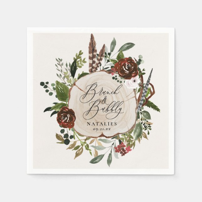 Rustic farmhouse burgundy botanical bridal shower napkin (Front)