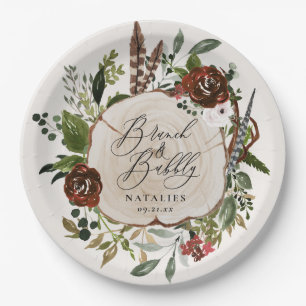 Rustic farmhouse burgundy botanical bridal shower paper plate