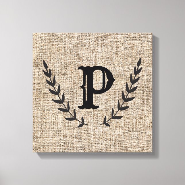 Rustic Farmhouse Burlap & Black Botanical Laurel Canvas Print (Front)