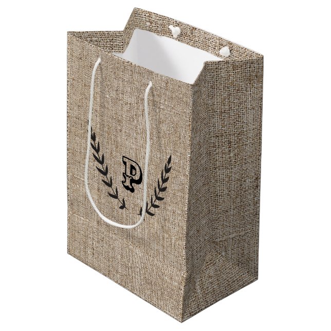 Rustic Farmhouse Burlap & Black Botanical Laurel Medium Gift Bag (Front Angled)