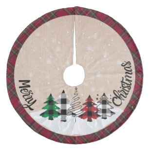 Rustic Farmhouse Burlap Buffalo Plaid Christmas Fleece Tree Skirt