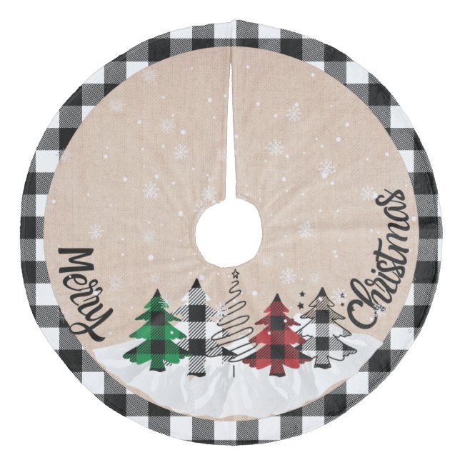 Rustic Farmhouse Burlap Buffalo Plaid Christmas  Fleece Tree Skirt (Front)