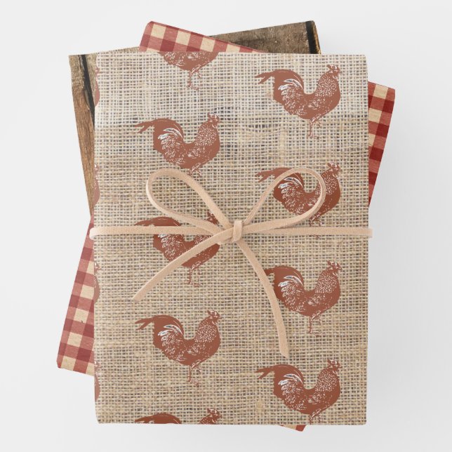 Rustic Farmhouse Burlap Chicken Wrapping Paper  (In situ)