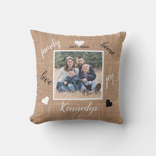 Rustic Farmhouse Burlap Custom Family Name Photo Cushion (Front)