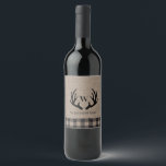 Rustic Farmhouse Burlap Deer Antlers Monogram Name Wine Label<br><div class="desc">Rustic Farmhouse Burlap Deer Antlers Monogram Name - Features rustic deer antlers with your monogram and name. Background is rustic natural burlap accented with buffalo plaid.</div>