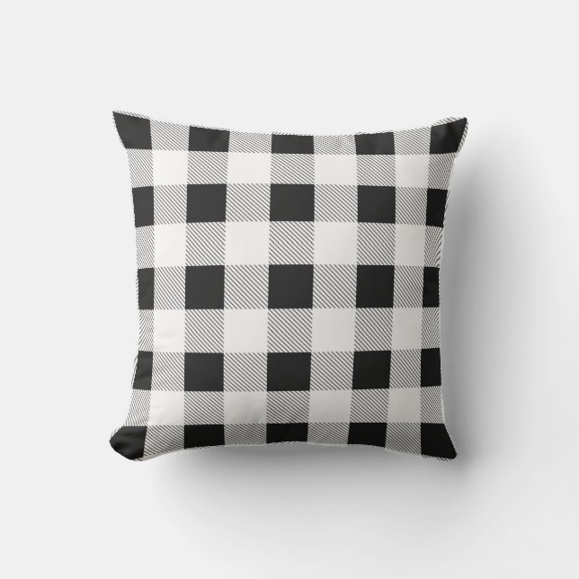 rustic farmhouse chic black and white plaid cushion (Front)