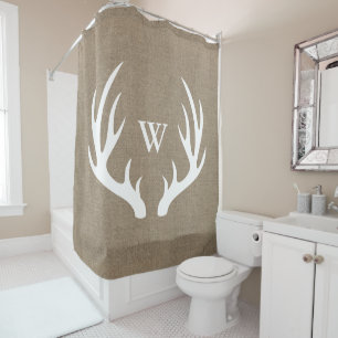 Rustic Farmhouse Chic Deer Antlers & Faux Burlap Shower Curtain