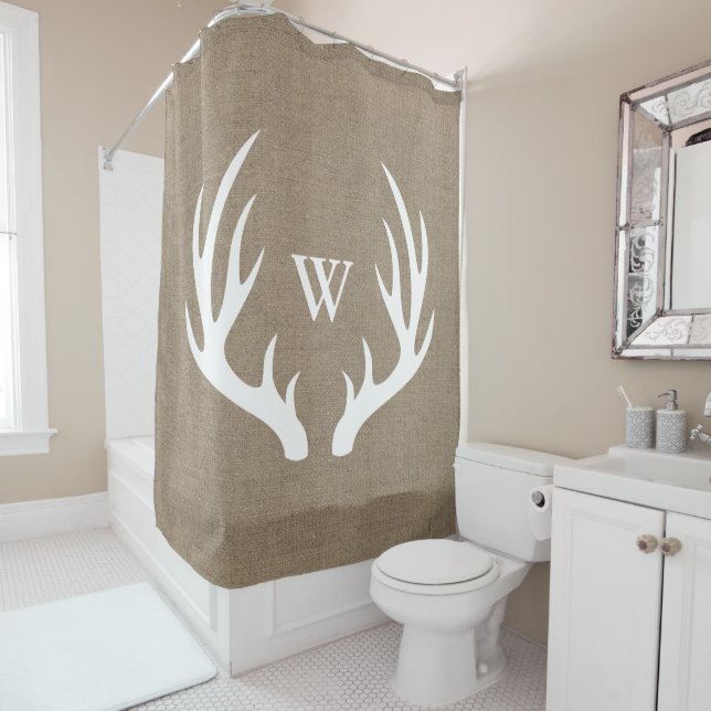 Rustic Farmhouse Chic Deer Antlers & Faux Burlap Shower Curtain (In Situ)