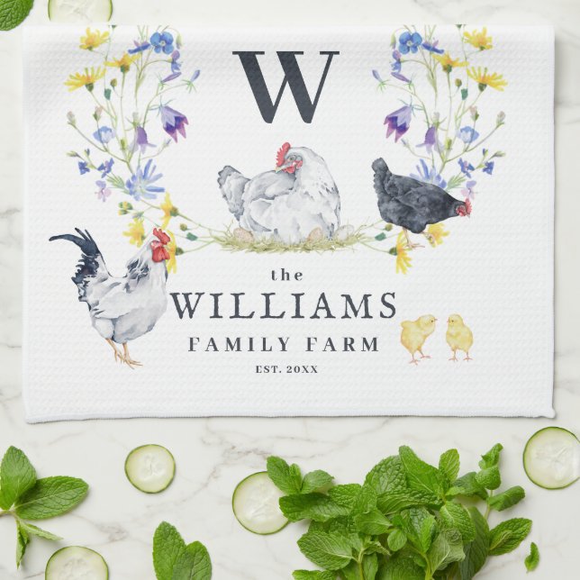 Rustic Farmhouse Chicken | Family Name Monogram  Tea Towel (Folded)