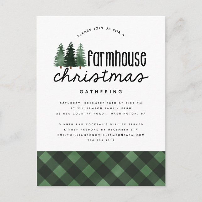 Rustic Farmhouse Christmas Plaid Party Invitation Postcard (Front)