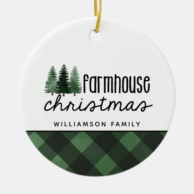 Rustic Farmhouse Christmas Red Plaid Photo  Cerami Ceramic Tree Decoration (Front)