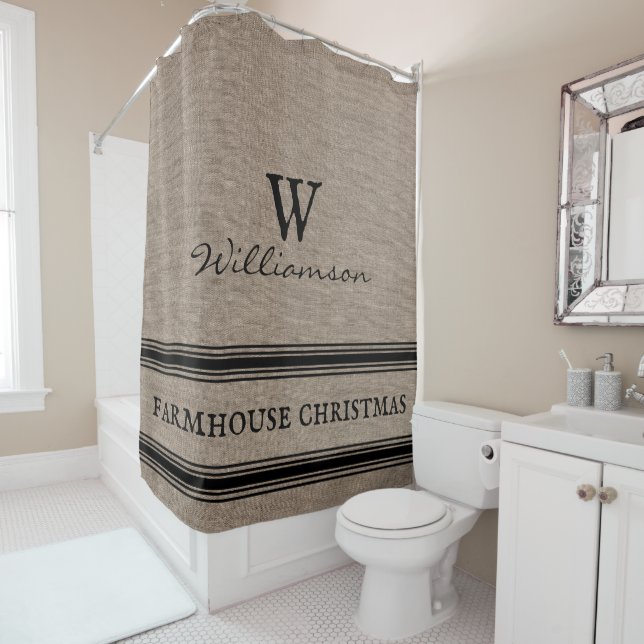 Rustic Farmhouse Christmas Ticking Stripe  Shower  Curtain (In Situ)
