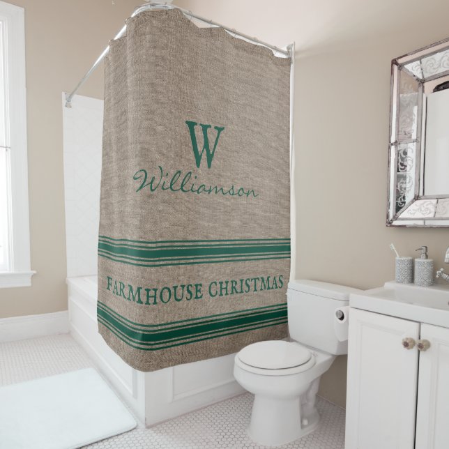 Rustic Farmhouse Christmas Ticking Stripe  Shower  Shower Curtain (In Situ)