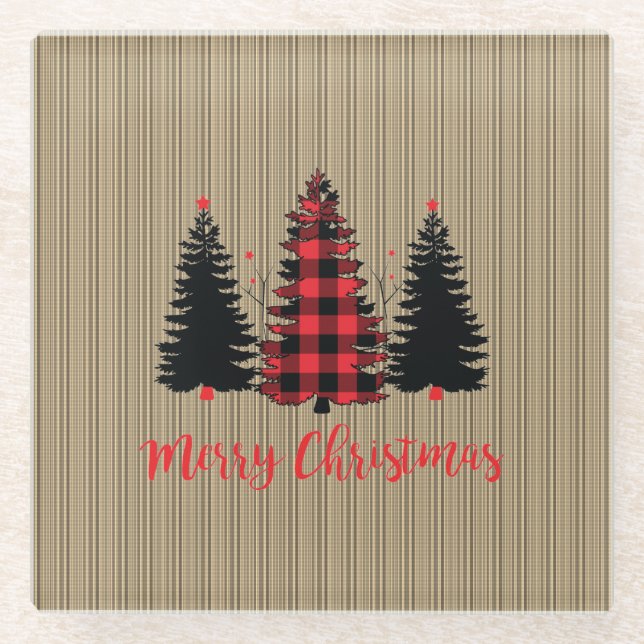 Rustic Farmhouse Christmas Tree Trio Glass Coaster (Front)