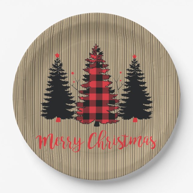 Rustic Farmhouse Christmas Tree Trio Paper Plate (Front)