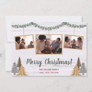 Rustic Farmhouse Christmas Trees & Garland 3-Photo Holiday Card