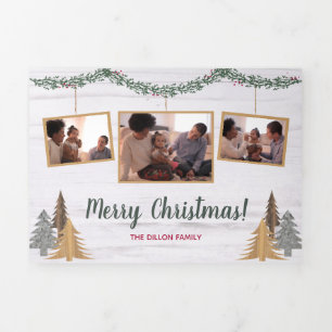Rustic Farmhouse Christmas Trees & Garland 5-Photo Tri-Fold Holiday Card