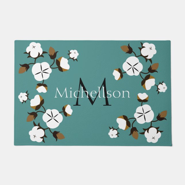 Rustic Farmhouse Cotton Flowers & Family Name Doormat (Front)