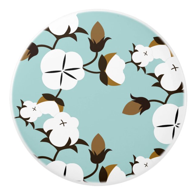 Rustic Farmhouse Cotton Flowers & Teal Ceramic Knob (Front)