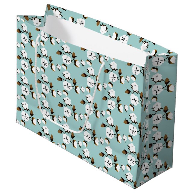 Rustic Farmhouse Cotton Flowers & Teal Large Gift Bag (Front Angled)