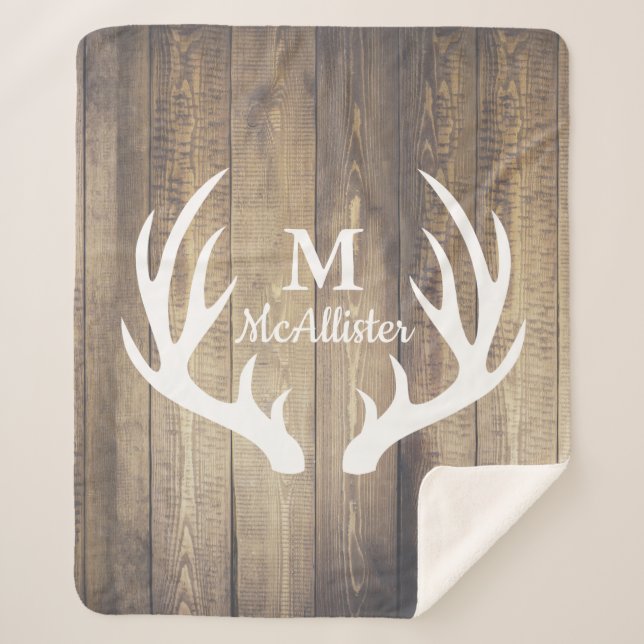 Rustic Farmhouse Country Barn Wood & Deer Antlers Sherpa Blanket (Front)