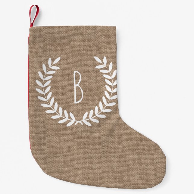 Rustic Farmhouse Country Laurels Faux Burlap Small Christmas Stocking (Front)