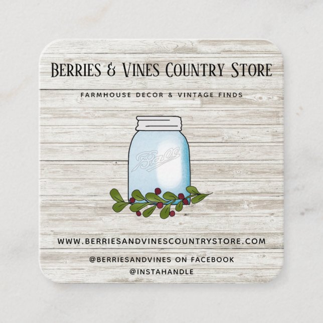 Rustic Farmhouse Country Mason Jar Wood  Square Business Card (Front)