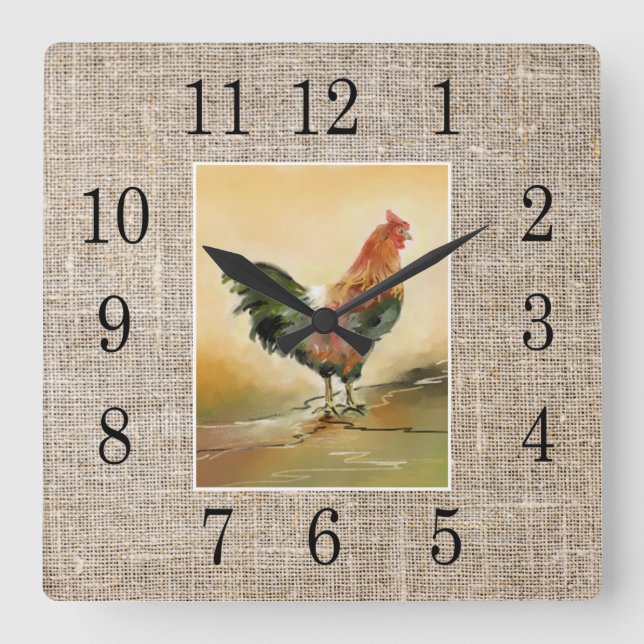 Rustic Farmhouse Country Rooster Burlap Square Wall Clock (Front)